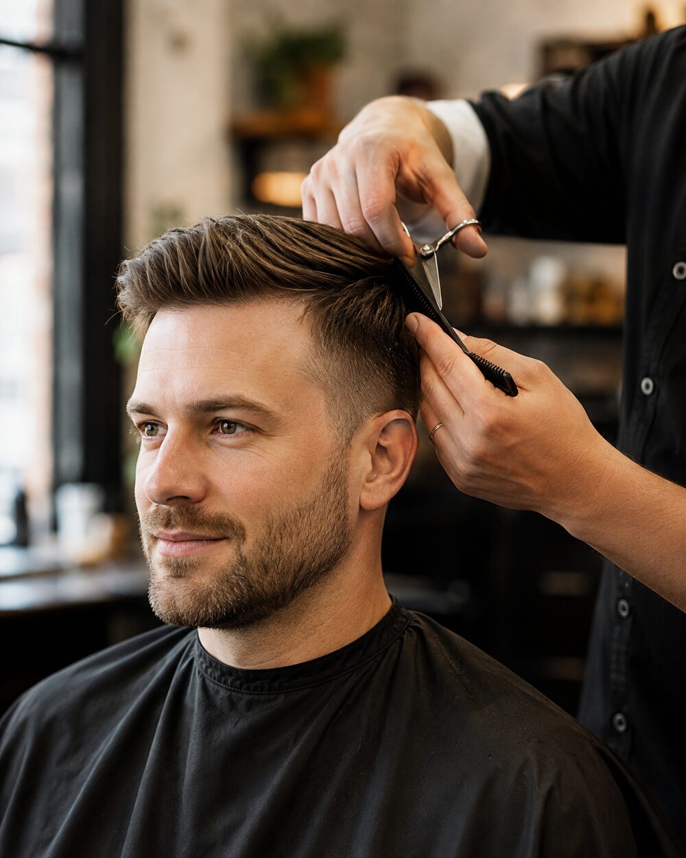 A smart men's haircut being finished with scissors