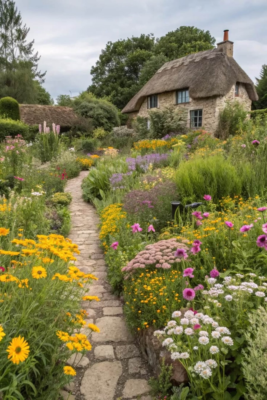 A flower-lined path leading to a thatched cottage